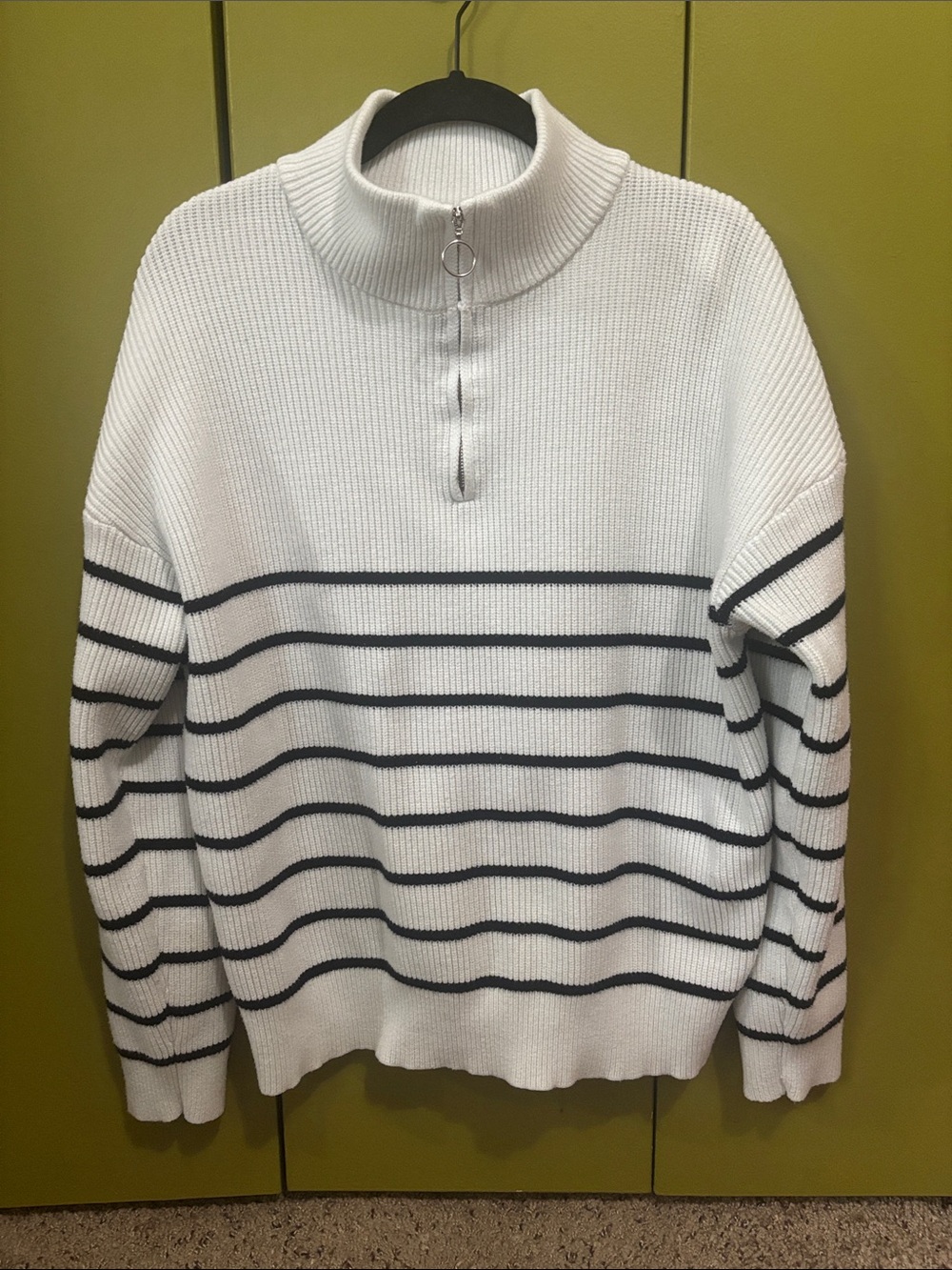 Women's White Quarter-Zip Sweater with Black Stripes Medium